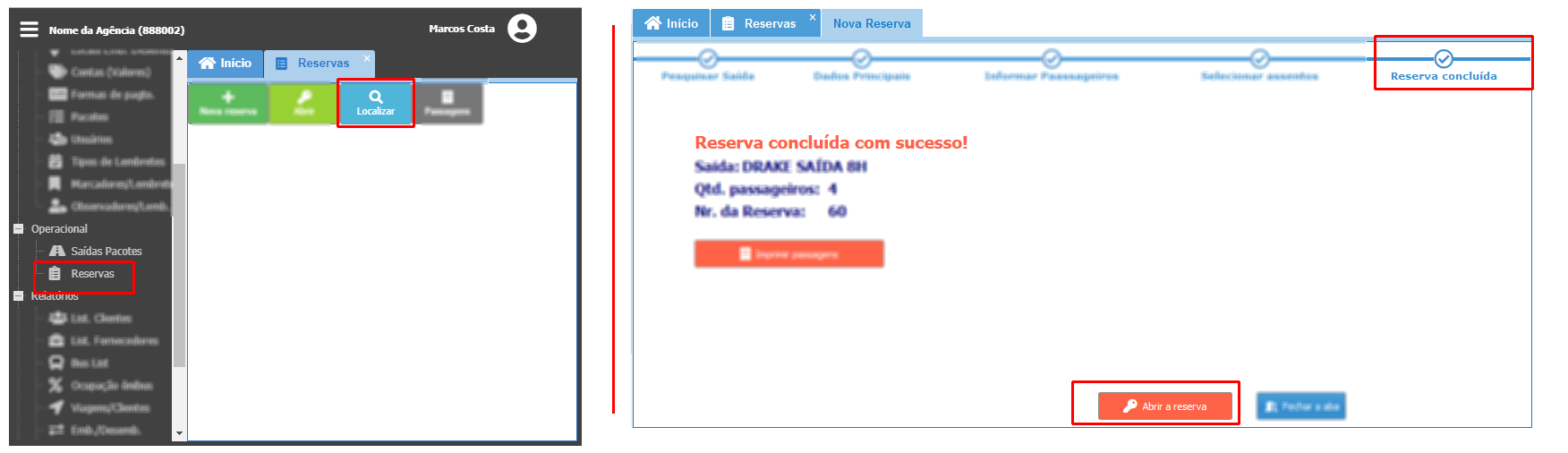 Abrir reservas através da pesquisa ou após a conclusão da reserva