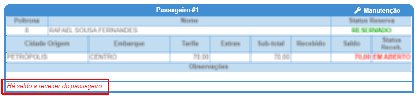 Exemplo de alerta de saldo a receber do passageiro