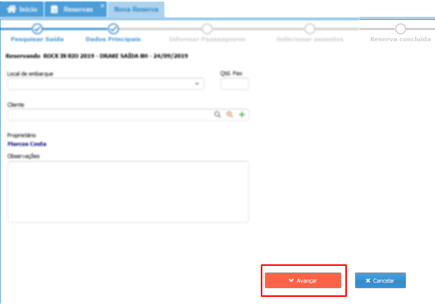 Avançar para o próximo passo após preencher os dados principais da reserva