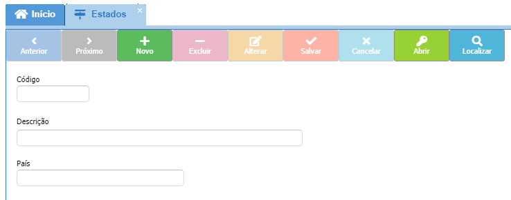 Tela de cadastro de Estados