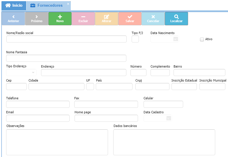 Tela de cadastro de fornecedor
