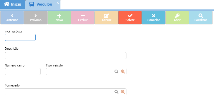 Tela de cadastro de veículos