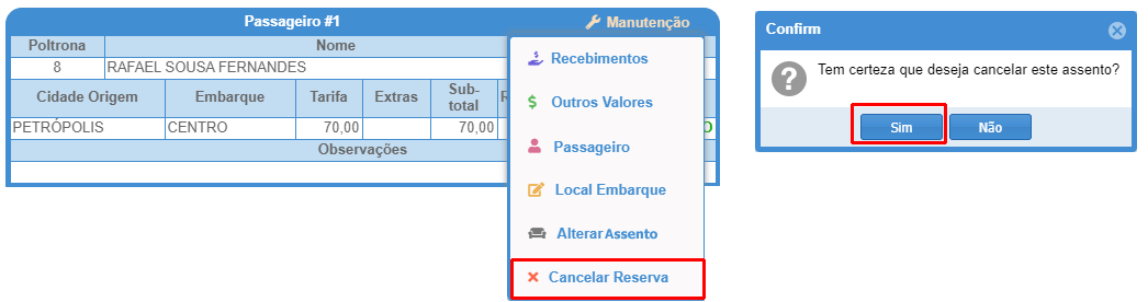 Cancelamento de reserva do passageiro