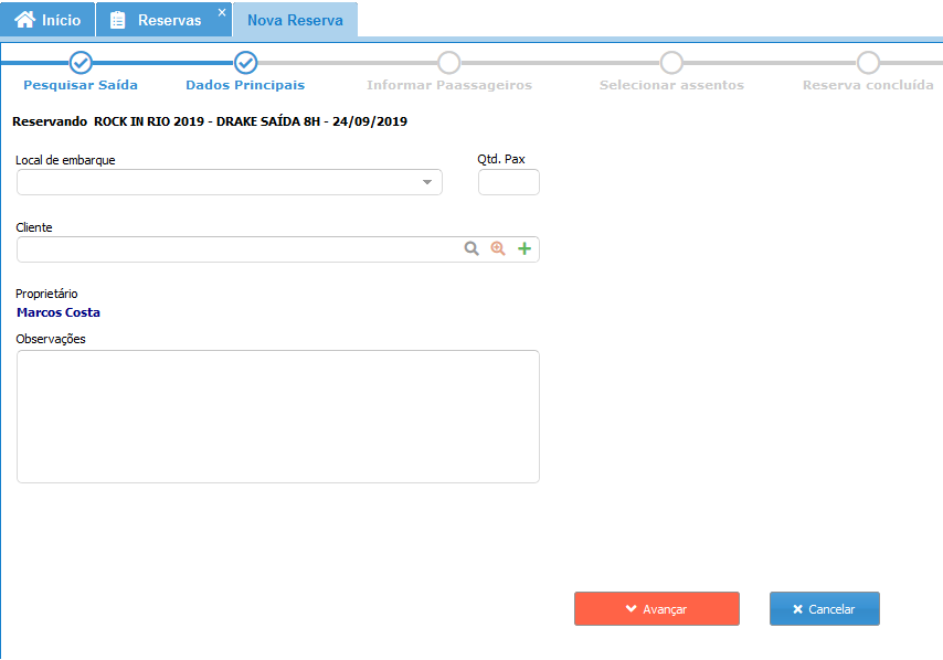 Cadastro dos dados principais da reserva