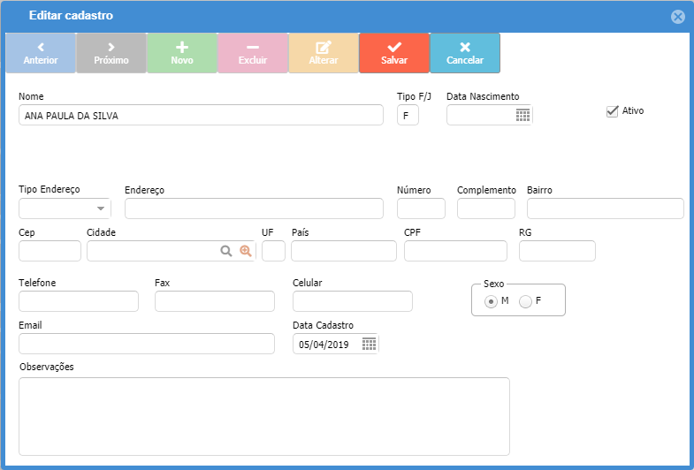 Alterar dados dp cadastro do cliente