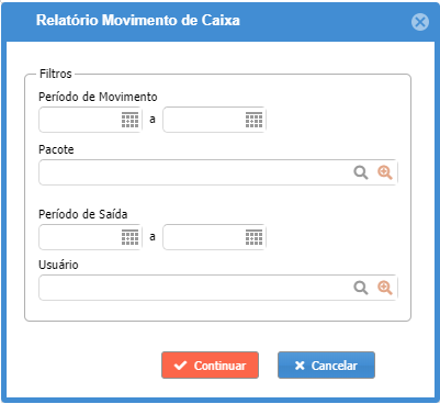 Tela de sfiltros para exibição do movimento financeiro