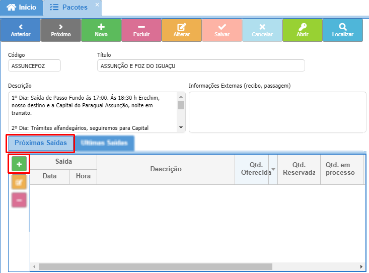 Cadastro próximas saídas
