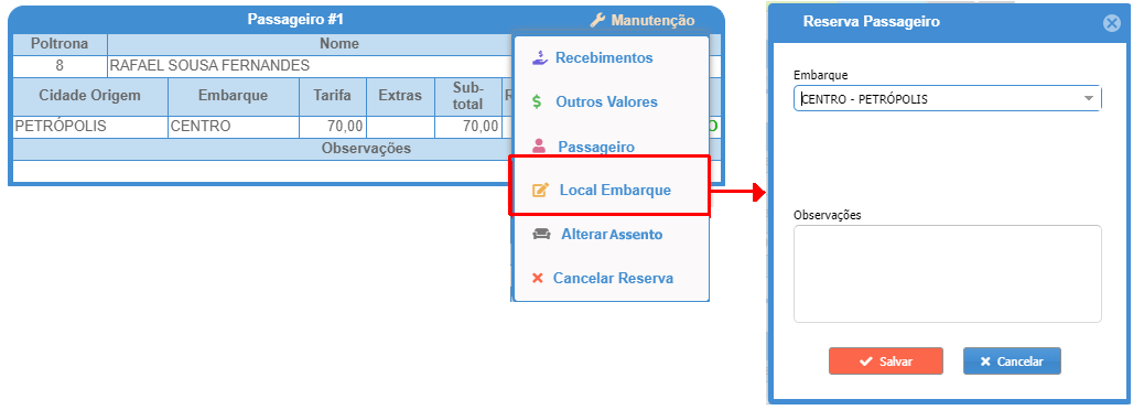 Alterar local de embarque passageiros