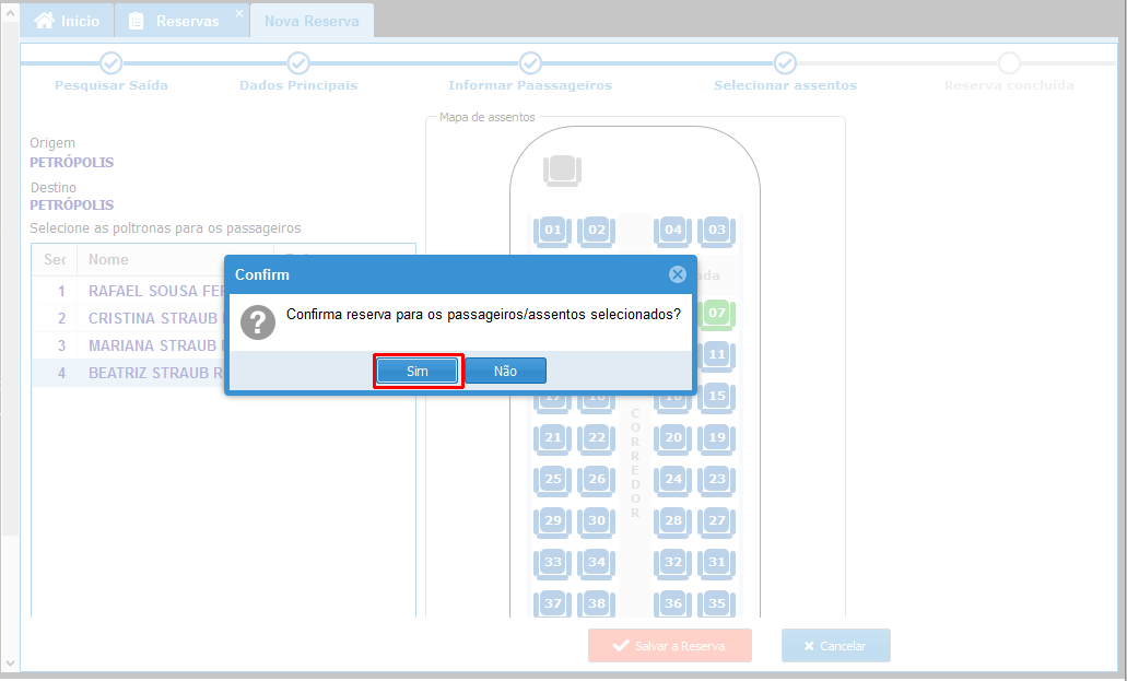 Mensagem de confirmação para reserva de assentos dos passageiros