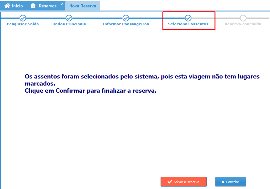 Seleção de assentos para os passageiros da reserva