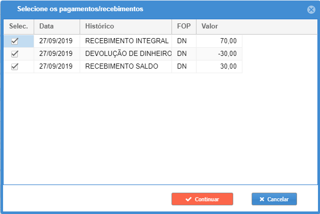 Seleção de valores para exibir o recibo