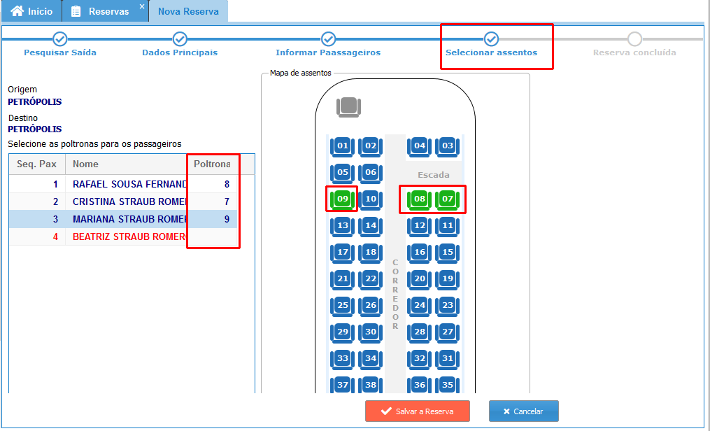 Seleção de assentos para os passageiros da reserva