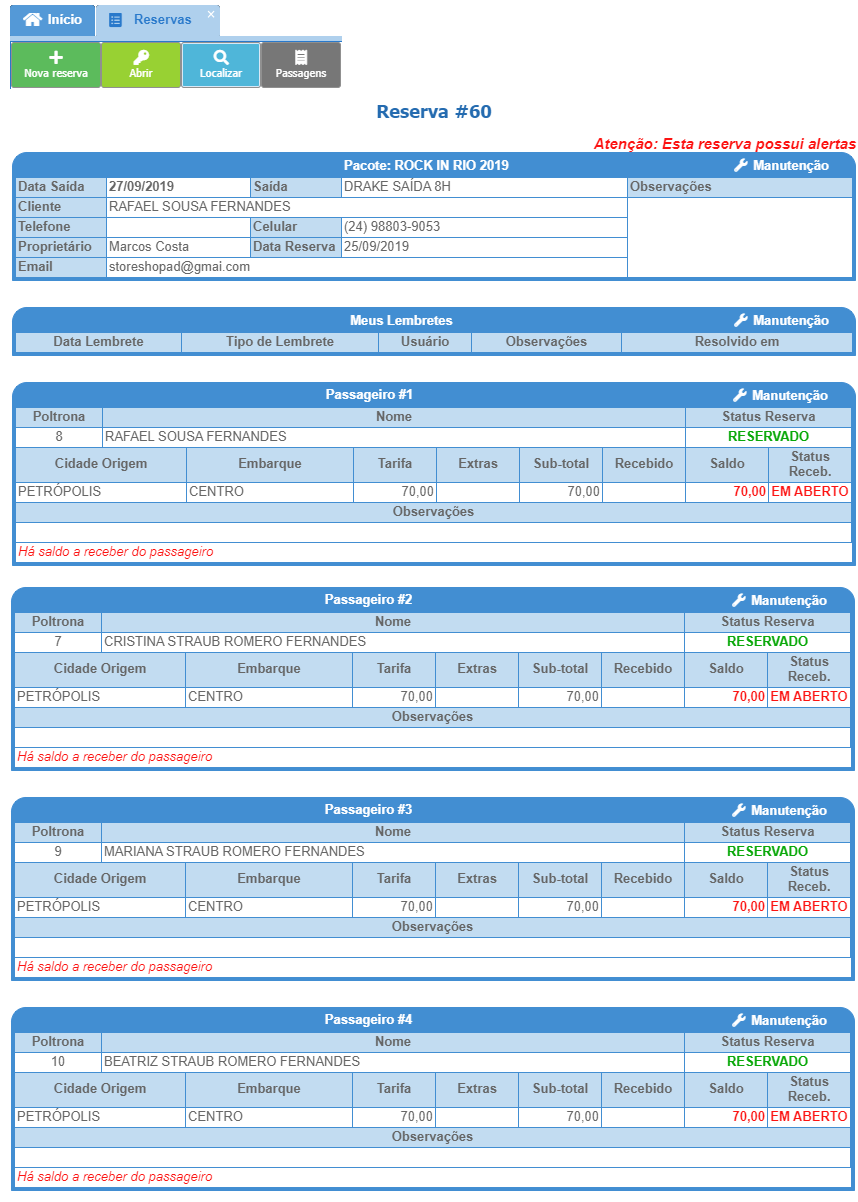 Tela de reservas