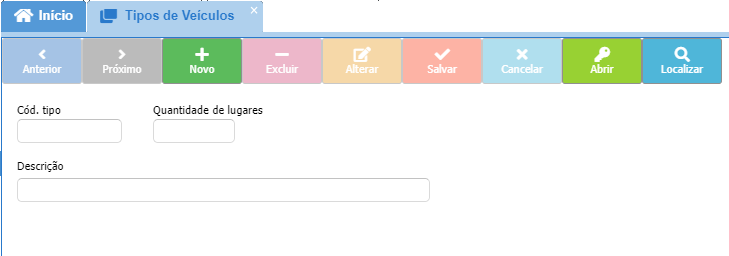 Tela para cadastro de tipos de veículos